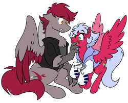 Size: 1152x930 | Tagged: safe, artist:egophiliac, oc, oc only, oc:melon frost, oc:velvet quill, ponysona, species:hippogriff, species:pegasus, species:pony, chest fluff, clothing, confused, cute, ear piercing, finger in mouth, flying, freckles, hoodie, jacket, licking, mod pony, nom, piercing, simple background, sitting, talons, tongue out, transparent background