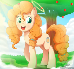 Size: 1871x1742 | Tagged: safe, artist:the-butch-x, character:pear butter, species:earth pony, species:pony, episode:the perfect pear, g4, my little pony: friendship is magic, angel, apple tree, cloud, commission, cute, female, good end, grass, halo, heaven, mare, mother, open mouth, pearabetes, sky, smiling, solo, tree