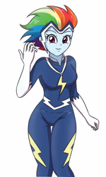 Size: 2125x3543 | Tagged: safe, artist:sumin6301, character:rainbow dash, character:zapp, episode:power ponies, equestria girls:movie magic, g4, my little pony: equestria girls, my little pony: friendship is magic, my little pony:equestria girls, spoiler:eqg specials, clothing, costume, female, panty line, simple background, smiling, solo, superhero, white background