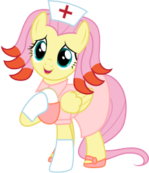 Size: 1001x1158 | Tagged: safe, artist:cloudyglow, character:fluttershy, species:pony, chansey, clothing, costume, crossover, female, flutternurse, mare, nurse, open mouth, pokémon, simple background, solo, transparent background, vector