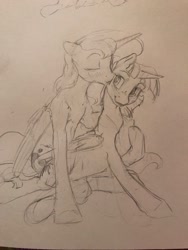 Size: 960x1280 | Tagged: safe, artist:silfoe, character:princess luna, character:twilight sparkle, character:twilight sparkle (alicorn), species:alicorn, species:pony, ship:twiluna, duo, female, grayscale, kissing, lesbian, monochrome, other royal book, pencil drawing, shipping, sketch, traditional art
