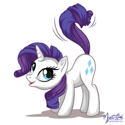 Size: 825x825 | Tagged: safe, artist:mysticalpha, character:rarity, species:pony, species:unicorn, g4, female, mare, open mouth, presenting, raised tail, simple background, solo, tail wag