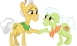 Size: 5019x3001 | Tagged: safe, artist:cloudyglow, character:grand pear, character:granny smith, species:earth pony, species:pony, episode:the perfect pear, g4, my little pony: friendship is magic, duo, female, looking at each other, male, mare, simple background, smiling, stallion, transparent background, vector