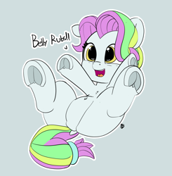 Size: 6535x6677 | Tagged: safe, artist:pabbley, character:coconut cream, species:pony, episode:fame and misfortune, g4, my little pony: friendship is magic, 30 minute art challenge, absurd resolution, belly button, bellyrubs, cute, dock, female, filly, frog (hoof), hoofbutt, on back, open mouth, pabbley is trying to murder us, solo, speech, underhoof