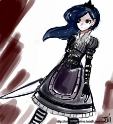 Size: 914x1000 | Tagged: safe, artist:johnjoseco, character:princess luna, species:human, alice in wonderland, alice:madness returns, american mcgee's alice, clothing, colored, cosplay, costume, crossover, female, humanized, solo, vorpal blade, weapon