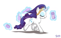 Size: 1680x1050 | Tagged: safe, artist:mysticalpha, character:rarity, species:pony, species:unicorn, g4, big crown thingy, brush, element of generosity, eyes closed, female, hair spray, jewelry, magic, mare, regalia, simple background, solo, telekinesis, wallpaper