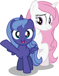 Size: 1971x2534 | Tagged: safe, artist:aleximusprime, character:princess celestia, character:princess luna, species:alicorn, species:pony, 2017 solar eclipse, alicorn eclipse, cute, duo, female, filly, filly celestia, filly luna, foal, looking at you, lunabetes, open mouth, pink-mane celestia, royal sisters, simple background, sisters, smiling, transparent background, woona, younger