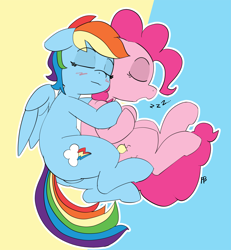 Size: 4619x5000 | Tagged: safe, artist:pabbley, character:pinkie pie, character:rainbow dash, species:pony, ship:pinkiedash, absurd resolution, cuddling, cute, dashabetes, diapinkes, female, lesbian, mare, pabbley is trying to murder us, shipping, sleeping, spooning, zzz
