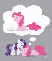 Size: 1050x1232 | Tagged: safe, artist:dm29, character:pinkie pie, character:rarity, species:earth pony, species:pony, species:unicorn, attempted vore, dream, duo, duo female, female, hoof in mouth, mare, marshmallow, nom, prone, rarity is a marshmallow, thought bubble