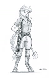 Size: 950x1506 | Tagged: safe, artist:baron engel, character:granny smith, species:anthro, species:earth pony, species:pony, species:unguligrade anthro, clothing, female, grayscale, gun, looking at you, mare, monochrome, sawed off shotgun, shotgun, shovel, simple background, sketch, solo, traditional art, weapon, white background, younger