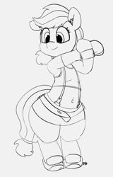 Size: 1225x1920 | Tagged: safe, artist:pabbley, character:applejack, species:pony, 30 minute art challenge, belly button, bipedal, clothing, cosplay, costume, female, final fantasy, final fantasy vii, mare, monochrome, solo, stretching, tifa lockhart
