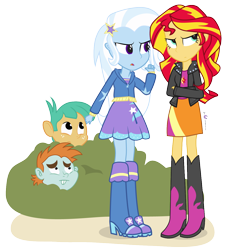 Size: 1200x1305 | Tagged: safe, artist:dm29, character:snails, character:snips, character:sunset shimmer, character:trixie, my little pony:equestria girls, bush, crossed arms, simple background, transparent background, trixie's fans, vector