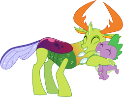 Size: 3785x3001 | Tagged: safe, artist:cloudyglow, character:spike, character:thorax, species:changeling, species:dragon, species:reformed changeling, episode:triple threat, g4, my little pony: friendship is magic, .ai available, baby, baby dragon, cute, duo, duo male, eyes closed, hug, male, simple background, smiling, transparent background, vector, wingless spike