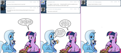 Size: 1808x800 | Tagged: safe, artist:dekomaru, character:trixie, character:twilight sparkle, oc, oc:aurora, oc:nebula, parent:trixie, parent:twilight sparkle, parents:twixie, species:pony, ship:twixie, tumblr:ask twixie, ask, baby, baby pony, bandage, colt, female, filly, lesbian, magical lesbian spawn, male, offspring, shipping, sitting, tumblr