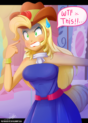 Size: 1120x1560 | Tagged: safe, artist:the-butch-x, character:applejack, episode:make up shake up, eqg summertime shorts, g4, my little pony: equestria girls, my little pony:equestria girls, and then there's rarity, angry, applejewel, bare shoulders, beautiful, carousel boutique, clothing, commission, cowboy hat, dialogue, dress, eyeshadow, fall formal outfits, female, freckles, hat, lipstick, makeup, shoulder freckles, solo, stetson