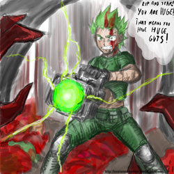 Size: 1280x1280 | Tagged: safe, artist:johnjoseco, artist:michos, edit, character:spike, species:human, bfg, bfg9000, color edit, colored, doom, doom comic, doomguy, humanized, male, parody, rip and tear, solo