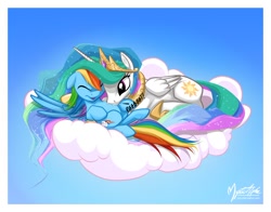Size: 1052x825 | Tagged: safe, artist:mysticalpha, character:princess celestia, character:rainbow dash, species:alicorn, species:pegasus, species:pony, cloud, cute, cutelestia, dashabetes, drool, duo, duo female, eyes closed, female, floppy ears, laughing, mare, momlestia, on back, open mouth, prone, raspberry, smiling, spread wings, tickling, tummy buzz, wings