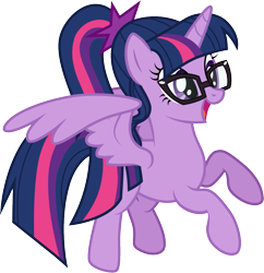 Size: 1001x1032 | Tagged: safe, artist:cloudyglow, character:twilight sparkle, character:twilight sparkle (alicorn), character:twilight sparkle (scitwi), species:alicorn, species:pony, adorkable, cute, dork, equestria girls ponified, female, flying, glasses, mare, open mouth, ponified, ponytail, scitwilicorn, simple background, smiling, solo, transparent background, twiabetes