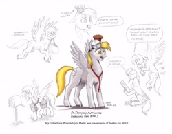 Size: 1254x980 | Tagged: safe, artist:baron engel, character:derpy hooves, oc, oc:sky brush, species:pegasus, species:pony, female, head mirror, mailmare, mare, muffin, pencil drawing, stethoscope, traditional art
