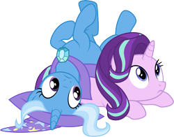 Size: 3832x3001 | Tagged: safe, artist:cloudyglow, character:starlight glimmer, character:trixie, species:pony, species:unicorn, episode:to change a changeling, g4, my little pony: friendship is magic, .ai available, cape, clothing, cute, diatrixes, duo, female, glimmerbetes, hat, mare, pony pile, simple background, transparent background, trixie's cape, trixie's hat, vector