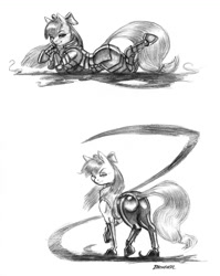 Size: 1100x1385 | Tagged: safe, artist:baron engel, character:apple bloom, species:pony, armor, clothing, female, grayscale, latex, latex boots, looking at you, monochrome, plot, signature, simple background, solo, traditional art, white background