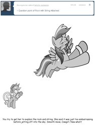 Size: 600x800 | Tagged: safe, artist:dekomaru, character:applejack, character:rainbow dash, species:pony, ship:appledash, tumblr:ask twixie, >.<, applestuck, ask, blushing, eyes closed, female, flying, gem, grayscale, lesbian, monochrome, mouth hold, shipping, tumblr