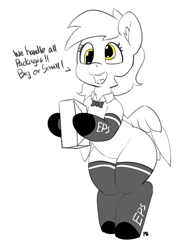 Size: 1280x1740 | Tagged: safe, artist:pabbley, character:derpy hooves, 30 minute art challenge, bipedal, bow tie, clothing, cute, dialogue, female, mailmare, open mouth, package, partial color, socks, solo, uniform, wide hips