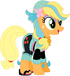 Size: 356x385 | Tagged: safe, artist:selenaede, artist:user15432, base used, character:applejack, species:earth pony, species:pony, bandana, crossover, female, jewelry, lagoona blue, mare, mattel, monster high, necklace, pink flowers, sandals, sea creature, sea monster