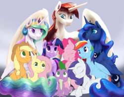 Size: 2520x1980 | Tagged: safe, artist:silfoe, character:applejack, character:fluttershy, character:pinkie pie, character:princess celestia, character:princess luna, character:rainbow dash, character:rarity, character:spike, character:twilight sparkle, oc, oc:fausticorn, species:alicorn, species:dragon, species:earth pony, species:pegasus, species:pony, species:unicorn, clothing, cowboy hat, female, hat, looking up, male, mane six, mare, wip