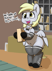 Size: 3001x4080 | Tagged: safe, artist:pabbley, character:derpy hooves, species:pony, belly button, bipedal, clothing, cute, derpabetes, dialogue, female, mailmare, mare, open mouth, package, socks, solo, uniform