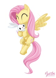 Size: 704x974 | Tagged: dead source, safe, artist:mysticalpha, character:angel bunny, character:fluttershy, species:pegasus, species:pony, g4, eyes closed, female, flying, happy, mare, simple background, white background