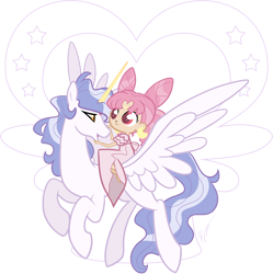 Size: 1130x1133 | Tagged: safe, artist:egophiliac, species:pegasus, species:pony, chibi-usa, crossover, duo, female, g4 style, helios, humans riding ponies, looking at each other, mare, riding, rini tsukino, sailor chibi moon, sailor moon