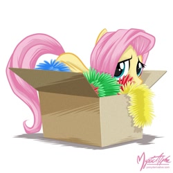 Size: 825x825 | Tagged: safe, artist:mysticalpha, character:fluttershy, species:pegasus, species:pony, g4, box, female, mare, pony in a box, simple background, solo, tinsel