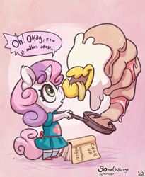 Size: 1067x1300 | Tagged: safe, artist:atryl, character:sweetie belle, species:anthro, 30 minute art challenge, book, breakfast is ruined, clothing, cooking, dialogue, dress, food monster, lethal chef, living object, monster, sweetie belle can't cook, sweetie fail