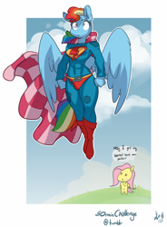 Size: 958x1300 | Tagged: safe, artist:atryl, character:fluttershy, character:rainbow dash, species:anthro, species:unguligrade anthro, 30 minute art challenge, belly button, blanket, clothing, costume, dialogue, flying, patches, superman