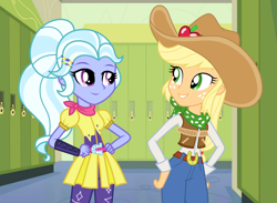 Size: 1022x750 | Tagged: safe, artist:cloudyglow, artist:favoriteartman, artist:mixermike622, artist:themexicanpunisher, character:applejack, character:sugarcoat, my little pony:equestria girls, alternate hairstyle, canterlot high, clothing, cowgirl, female, hat, lockers, pants