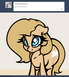 Size: 500x555 | Tagged: safe, artist:slavedemorto, oc, oc only, oc:backy, species:earth pony, species:pony, ask, blushing, floppy ears, plump, solo, thick, tongue out, tumblr