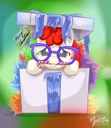 Size: 825x950 | Tagged: safe, artist:mysticalpha, character:twist, species:earth pony, species:pony, candy cane, christmas, female, filly, glasses, looking at you, mouth hold, pony in a box, solo