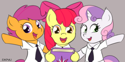 Size: 1000x500 | Tagged: safe, artist:empyu, character:apple bloom, character:scootaloo, character:sweetie belle, species:earth pony, species:pegasus, species:pony, species:unicorn, book, clothing, cutie mark crusaders, gray background, hoof hold, looking at you, mormons, necktie, shirt, simple background, smiling, the book of mormon, trio