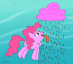 Size: 1000x867 | Tagged: safe, artist:empyu, character:pinkie pie, species:earth pony, species:pony, 30 minute art challenge, chocolate, chocolate rain, cloud, cotton candy, cotton candy cloud, female, food, mare, open mouth, rain, solo, tongue out