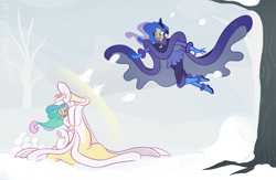 Size: 1200x784 | Tagged: safe, artist:egophiliac, character:princess celestia, character:princess luna, cape, clothing, duo, ethereal hair, female, humanized, one eye closed, royal sisters, siblings, sisters, snow, snowball, snowball fight, starry hair, woman