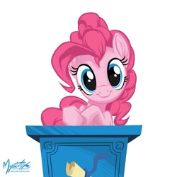 Size: 825x825 | Tagged: safe, artist:mysticalpha, character:pinkie pie, species:earth pony, species:pony, g4, cute, diapinkes, female, looking at you, mare, podium, simple background, solo, white background