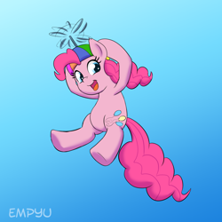 Size: 1000x1000 | Tagged: safe, artist:empyu, character:pinkie pie, species:earth pony, species:pony, clothing, female, flying, hat, mare, open mouth, propeller hat, simple background, smiling, solo