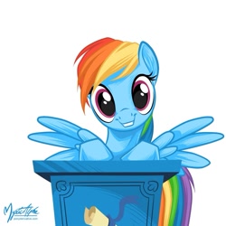 Size: 825x825 | Tagged: safe, artist:mysticalpha, character:rainbow dash, species:pegasus, species:pony, g4, female, looking at you, mare, podium, simple background, smiling, solo, white background