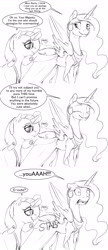 Size: 2640x6120 | Tagged: safe, artist:silfoe, character:princess celestia, character:rarity, species:alicorn, species:pony, species:unicorn, royal sketchbook, ship:rarilestia, black and white, comic, duo, female, grayscale, lesbian, mare, monochrome, shipping, simple background, sketch, white background