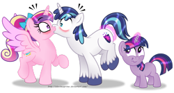 Size: 1600x856 | Tagged: safe, artist:aleximusprime, character:princess cadance, character:shining armor, character:twilight sparkle, species:alicorn, species:pony, species:unicorn, ship:shiningcadance, blushing, embarrassed, female, filly, filly twilight sparkle, kissing, lip bite, looking at each other, magic, male, mare, now kiss, shipper on deck, shipping, simple background, smiling, stallion, straight, telekinesis, twilight the shipper