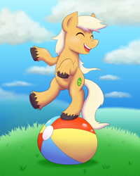 Size: 800x1000 | Tagged: safe, artist:empyu, species:pony, adventure time, balancing, ball, cartoon network, cute, eyes closed, happy, james baxter, james baxter the horse, male, open mouth, ponified, silly, silly pony, solo