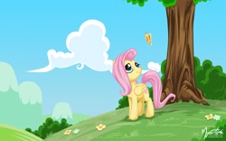 Size: 1680x1050 | Tagged: safe, artist:mysticalpha, character:fluttershy, species:pegasus, species:pony, g4, butterfly, female, flower, mare, outdoors, solo, tree, wallpaper