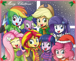 Size: 1259x1007 | Tagged: safe, artist:the-butch-x, character:applejack, character:fluttershy, character:pinkie pie, character:rainbow dash, character:rarity, character:spike, character:sunset shimmer, character:twilight sparkle, character:twilight sparkle (alicorn), species:dog, my little pony:equestria girls, applejack's hat, blushing, christmas, clothing, cowboy hat, cute, dashabetes, diabetes, diapinkes, eyes closed, female, grin, group photo, hat, holiday, humane seven, jackabetes, looking at you, male, mane seven, mane six, mittens, open mouth, peace sign, raribetes, santa hat, scarf, shimmerbetes, shyabetes, smiling, snow, snowfall, spikabetes, spike the dog, sweater, sweatershy, twiabetes, window