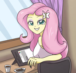 Size: 3112x3021 | Tagged: safe, artist:sumin6301, character:fluttershy, my little pony:equestria girls, adorasexy, artist, chocolate, chocolate milk, clothing, cookie, cute, female, food, grin, happy, lidded eyes, milk, paint tool sai, plate, sexy, smiling, smirk, solo, stylus, tablet, tank top